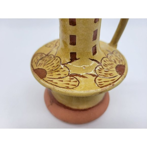 Pennsylvania Yellow Ware Glazed Chimney Candlestick W/Handle Incised Design - Picture 3 of 14